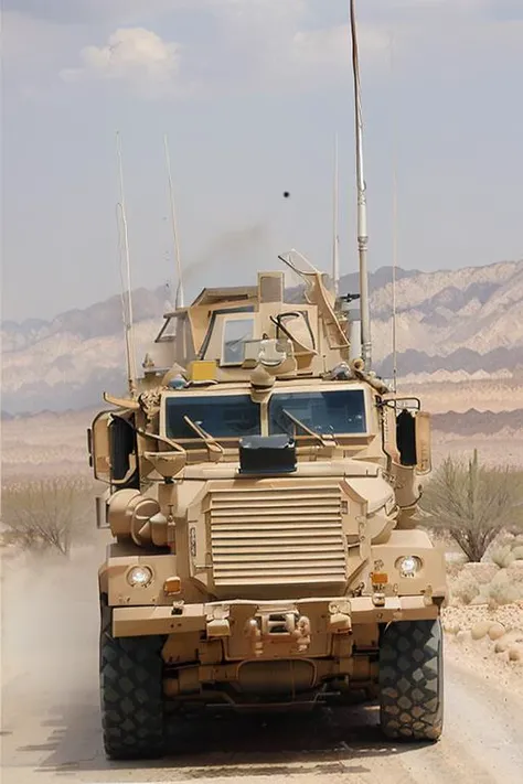 mrap rolling in desert,high quality analog style photograph, <lora:epiNoiseoffset_v2:1> <lora:mwr4p:1>