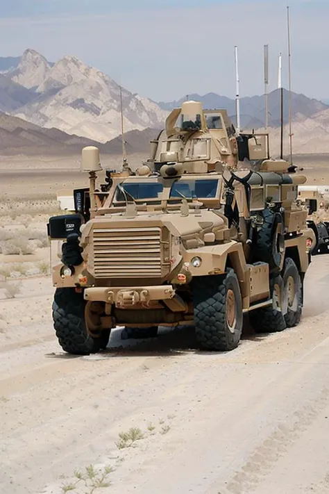 mrap rolling in desert,high quality analog style photograph, <lora:epiNoiseoffset_v2:1> <lora:mwr4p:1>