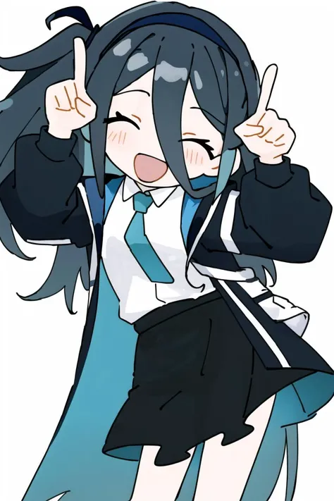 <lora:Internet Yamero:0.8>, (masterpiece, best quality:1), 1girl, solo, internet yamero, 1girl, solo, smile, open mouth, finger raised, ^ ^, closed eyes, simple background, white background, <lora:Alice Tendou:0.8>, alice_halo