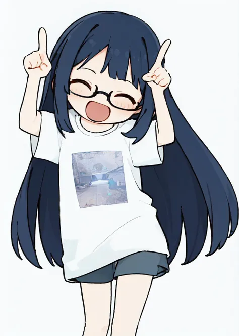 <lora:Internet Yamero:0.9> ,(masterpiece, best quality:1), 1girl, solo, internet yamero, 1girl, solo, smile, open mouth, finger raised, ^ ^, closed eyes, simple background, indigo hair, round specs, blunt bags, long straight hair, plain white t shirt, (white background)
