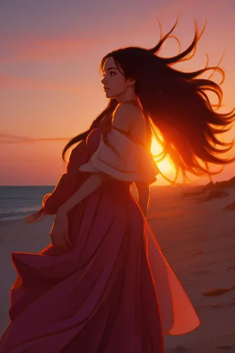 woman,<lora:goldline:1.5>,Sense of story,best quality, sunset, wind, long hair,
