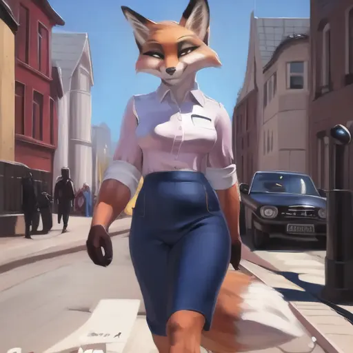 fox anthro, pixelsketcher, female fox anthro, chunie, highdetail, personalami, clothes, walking through city, looking at viewer,