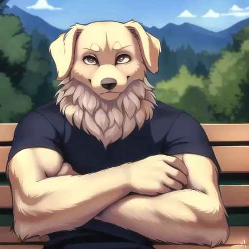 dog anthro, male dog anthro, high detail, lose shorts and tshirt, sitting on park bench, looking at viewer, photography, fit, pants, soft shading, detailed fur, realistic, [by kacey miyagami by personalami by devil-vox], by ghibli, soft shading, clahe, scurve, paper texture, muscular, film grain, low saturation, classical animation, pastel colors, fading, golden retriever, buff