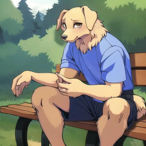  dog anthro, male dog anthro, high detail, lose shorts and tshirt, sitting on park bench, looking at viewer, photography, fit, pants, soft shading, detailed fur, realistic, [by kacey miyagami by personalami by devil-vox], by ghibli, soft shading, clahe, scurve, paper texture, muscular, film grain, low saturation, classical animation, pastel colors, fading, golden retriever, buff