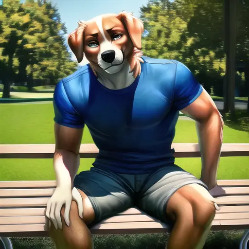 dog anthro, male dog anthro, realistic, highdetail, lose shorts and tshirt, sitting on park bench, looking at viewer, photography, high saturation, realism, fit, pants