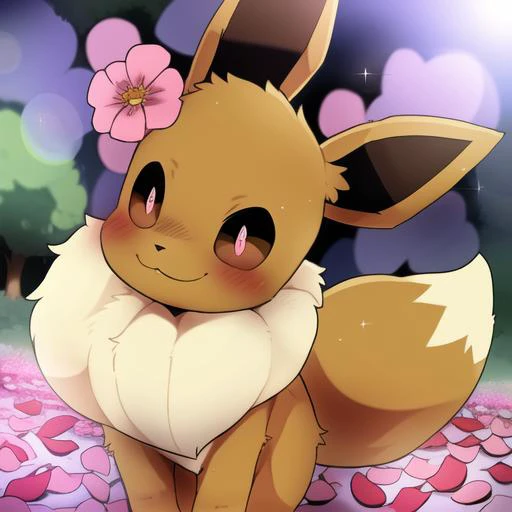 male, solo, pokemon (species), eeveelution, eevee, multi colored fur, smile, fluffy, shirt, t-shirt, clothing, hires, detailed, anime, kemono, dagasi, petals, flowers, tree, detailed background, beautiful detail, sparkles, pixiv, cute kawaii, <lora:dagasi style:0.81>  <lora:FluffydangoStyle:0.31>