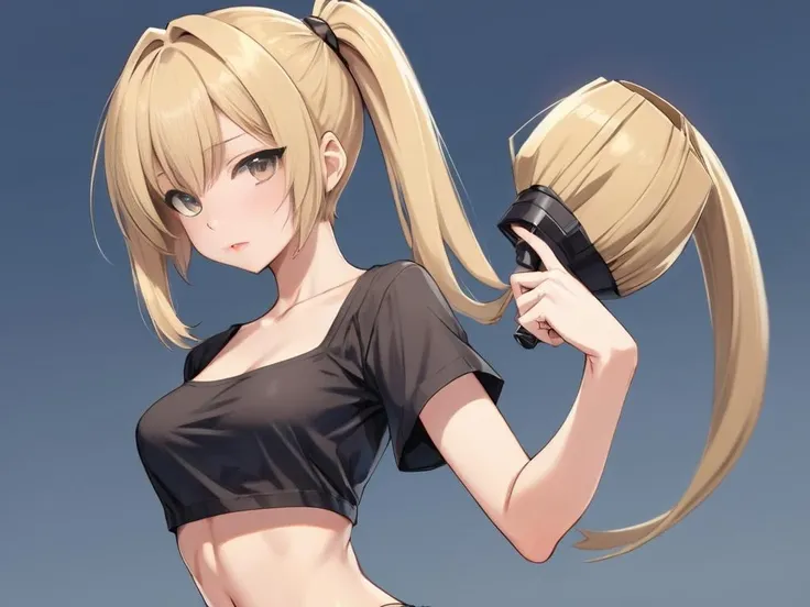 Anime horny blonde woman in outfit, with a short bob haircut holding her cut off ponytail <lora:extreme_haircut-000124:1>