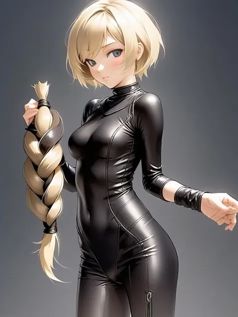Anime horny blonde woman in black leather and latex, with a short hair holding a huge amount of her (cut off braid:1.2) <lora:extreme_haircut_v2:1>