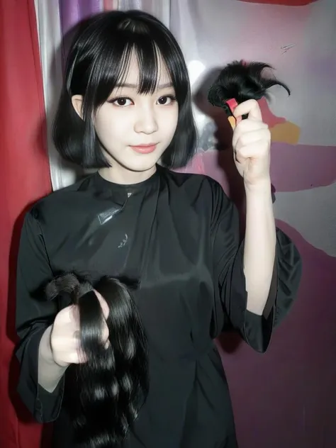 yandere goth girl, with a short hair holding a huge amount of her (cut off hair:1.2) <lora:extreme_haircut_v2:1>