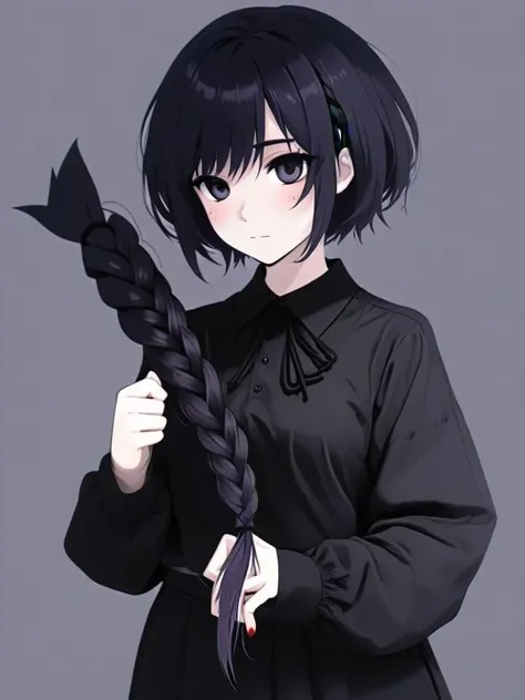 yandere goth girl, with a short hair holding a huge amount of her (cut off braid:1.2) <lora:extreme_haircut_v2:1>