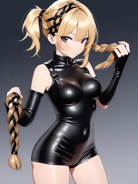masterpiece, best quality, agrias, grey sweater, black leotard, standing, looking at viewer