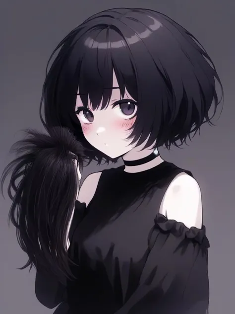 yandere goth girl, with a short hair holding a huge amount of her (cut off hair:1.2) <lora:extreme_haircut_v2:1>
