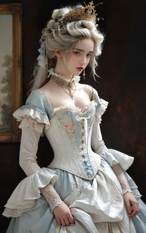 XUER poster art,<lora:绪儿 海报艺术 XUER poster art:0.8>,
1girl,solo,(by francois boucher and andre kohn:1.6),very long hair,(oil painting style, detailed artwork, art:1.2),(quaint:1.2),(ornate [tiara|crown]:1.2),(very beautiful victorian era princess, 19th century:1.4),bsp,front view,cowboy shot,perfect hands,nice hands,(white hair:1.2),(wearing a large ruff, large ruffled collar, detached sleeves, long sleeves, frills, frilly, white corset:1.2),(intricate fabric:1.2),soft lighting,very detailed eyes,masterwork,best quality,