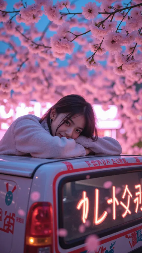 Photo: A girl in a dreamy pose, lying atop a 'dekotora' (decorated truck) with radiant neon lights, surrounded by a flurry of cherry blossoms. The wind carries the petals around her, creating a whimsical atmosphere, <lora:saitou_asuka:0.7>