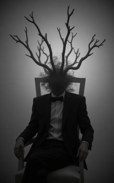 A captivating 3D render of a dark fantasy character, showcasing a mysterious figure seated on a chair. The figure's head is shrouded in a smoky or misty aura, with elongated, branch-like structures protruding from it, creating an enigmatic silhouette. The individual dons formal attire, including a bowtie and a suit, adding an air of sophistication amidst the eerie atmosphere. The monochromatic color palette of grays and blacks dominates the scene, amplifying the overall eerie and ethereal ambiance. The cinematic composition invokes themes of mystery, introspection, or even decay, making it a conceptual work of art that is both captivating and thought-provoking.
