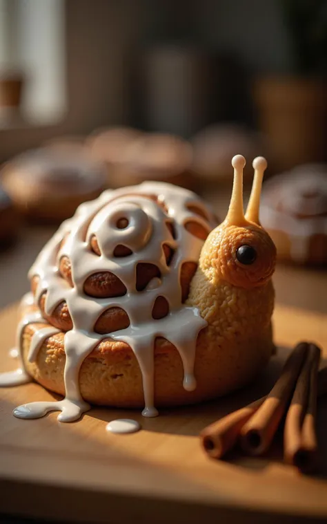 Close-up food photo of a hybrid snail composed entirely of glossy sticky cinnamon buns. The shell is made from a puffy perfectly swirled cinnamon bun covered in a thick glossy white glaze. Baked edges with a jagged cinnamon bun texture slightly caramelized, dark cinnamon filling inside, rich golden brown color. The glaze drips down in thick sweet drops, the snail tendrils are made of twisted cinnamon dough, glistening with icing sugar, the glaze reflects warm, natural light. The scene is shot in a soft, fuzzy kitchen setting, with a hint of freshly baked pastries in the background., , natural photo cinematic,
highly detailed,ultra-high resolution,32K UHD,sharp focus,best-quality,masterpiece,unconventional supreme masterpiece,masterful details,depth of field,blurry background,blurry foreground,motion blur,going really fast masterpiece,deep focus,
color graded cinematic,atmospheric lighting,award film grain,A shot with tension,(Visual impact,giving the poster a dynamic and visually striking appearance:1.2),impactful picture,
ultra-realistic,high dynamic range,photoreal,epic realistic,dark shot,shadows,(This is a real high-definition photo:1.1),with professional photography and high resolution,
contrast,layered colors,vivid colors,contrast,offcial art, perspective,very aesthetic,disheveled hair,perfect composition,intricate details,moody,epic,photorealistic,
intricate details,soothing tones,high contrast,natural skin texture,soft light,sharp,masterpiece,best quality,(ray tracing),sunlight,insanely interplay between lights and shadows,