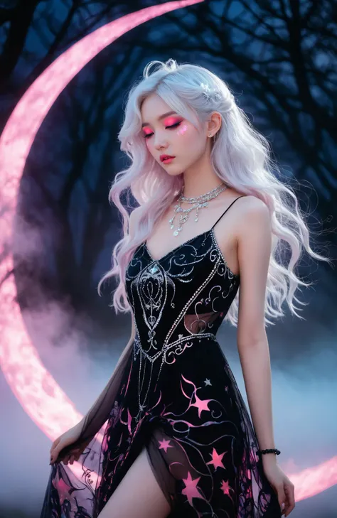 (soft neon pastel colors:1.3),((rich glowing pink)),
1girl,pale skin,silver hair,character concept,jewelry,beautiful outfit,night theme,moon patterns on dress,dark dress,night,silver jewelry,moonlight,
dreamcore atmosphere,((soft fiery outline)),(fairy fog:1.3),(reflective fog blur),top of body,