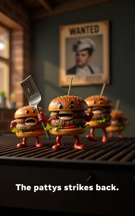 a group of burger pattys on a grill holding a spatula angrily and in agitation. In the background on the wall is a wanted poster with a chef on it. The text: "The pattys strikes back" is prominently shown on the bottom of the image,
highly detailed,ultra-high resolution,32K UHD,sharp focus,best-quality,masterpiece,unconventional supreme masterpiece,masterful details,depth of field,blurry background,blurry foreground,motion blur,going really fast masterpiece,deep focus,
color graded cinematic,atmospheric lighting,award film grain,A shot with tension,(Visual impact,giving the poster a dynamic and visually striking appearance:1.2),impactful picture,
ultra-realistic,high dynamic range,photoreal,epic realistic,dark shot,shadows,(This is a real high-definition photo:1.1),with professional photography and high resolution,
contrast,layered colors,vivid colors,contrast,offcial art, perspective,very aesthetic,disheveled hair,perfect composition,intricate details,moody,epic,photorealistic,
intricate details,soothing tones,high contrast,natural skin texture,soft light,sharp,masterpiece,best quality,(ray tracing),sunlight,insanely interplay between lights and shadows,