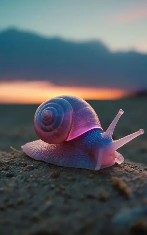 subsurface scattering,small Garald Betram Snail closeup,Neon Pink/Blue sss snail,Gary from SpongeBob infront of Sunset,
atmospheric haze,Film grain,cinematic film still,shallow depth of field,highly detailed,high budget,cinemascope,moody,epic,OverallDetail,2000s vintage RAW photo,photorealistic,candid camera,color graded cinematic,atmospheric lighting,imperfections,natural,shallow dof,