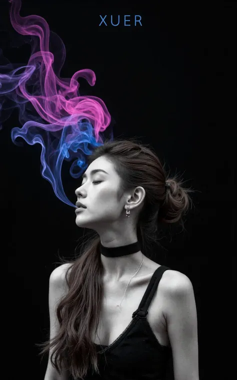 Create a breathtaking, award-winning illustration of a woman's face in a professional, highly detailed style. The image should be in black and white, with the woman's eyes closed. Her hair is styled in a bun, transforming into a cloud of blue and pink light against a black background. Smoke emerges from her mouth, blending into her hair, creating an eerie, unsettling atmosphere. The theme is horror, with a focus on a dark, spooky, and suspenseful mood. The style should be dystopian, bleak, and post-apocalyptic, conveying a somber and dramatic tone.
XUER INS style,1girl,solo,looking at viewer,extremely beautiful skin,natural skin texture,big breasts,earrings,
The woman has long, wavy, dark brown hair cascading down her back. Her skin tone is light, and she appears to be of Caucasian ethnicity.
She accessorizes with a black choker necklace and multiple bracelets on her wrists. with a focus on fashion and style.
highly detailed,ultra-high resolution,32K UHD,sharp focus,best-quality,masterpiece,unconventional supreme masterpiece,masterful details,depth of field,blurry background,blurry foreground,motion blur,going really fast masterpiece,deep focus,
color graded cinematic,atmospheric lighting,award film grain,A shot with tension,(Visual impact,giving the poster a dynamic and visually striking appearance:1.2),impactful picture,
ultra-realistic,high dynamic range,photoreal,epic realistic,dark shot,shadows,(This is a real high-definition photo:1.1),with professional photography and high resolution,
contrast,layered colors,vivid colors,contrast,offcial art, perspective,very aesthetic,disheveled hair,perfect composition,intricate details,moody,epic,photorealistic,
intricate details,soothing tones,high contrast,natural skin texture,soft light,sharp,masterpiece,best quality,(ray tracing),sunlight,insanely interplay between lights and shadows,
cinematic photo This is a poster about the One cyan ten color,It has a realistic picture effect,The picture is messy and extremely rich in details,(The theme text of the poster is: "XUER":1.2),One line apart,(the subtitle below reads: "One cyan ten color":1.2),