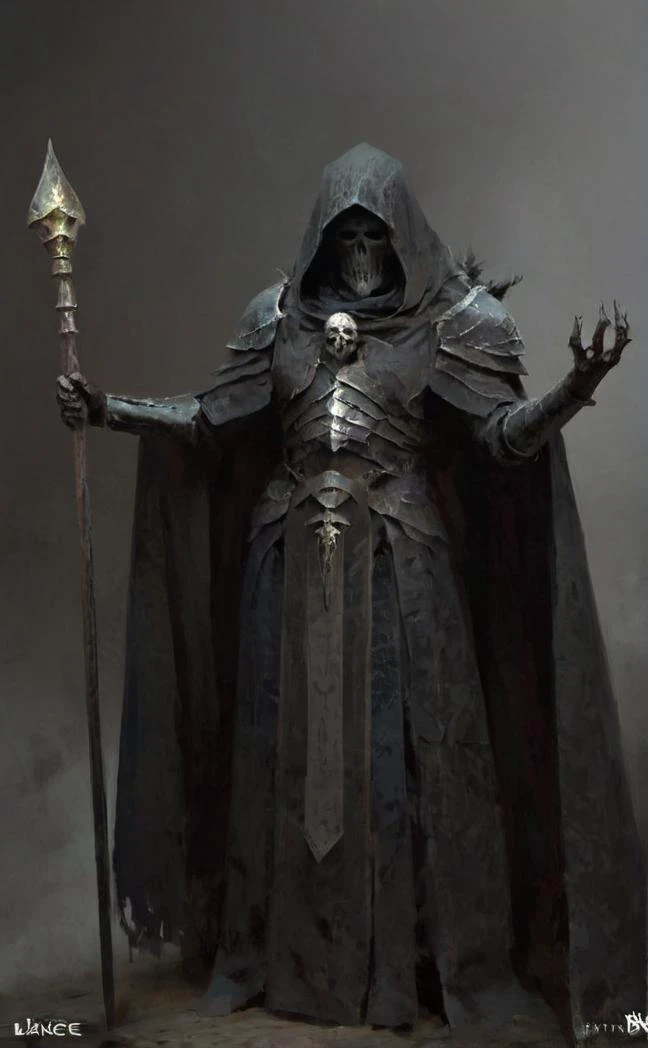 pjablonski style, dark and ominous mood, brush texture, necromancer, cape, fantasy armor, lance flairs, bones, <lora:Piotr-Jablonski-artstyle:1>