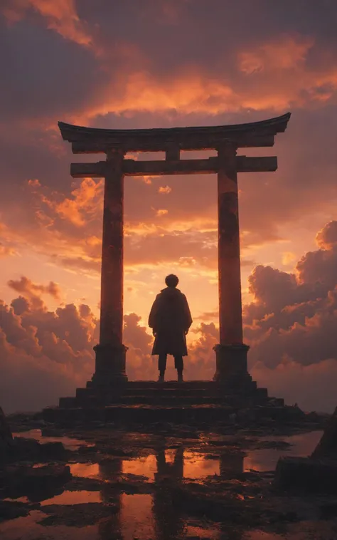 (RAW photo, highly detailed,masterpiece, highest quality),rich colors,high contrast,full shot body photo of the most beautiful artwork in the world,cinematic light,fantasy,highres,
xuer film still,solo,black hair,1boy,standing,male focus,outdoors,sky,cloud,from behind,bird,cloudy sky,scenery,sunset,facing away,torii,ruins,wide shot,pillar,
<lora:绪儿 剧照:0.6>,
unconventional supreme masterpiece,masterful details,temperate atmosphere. (balanced center composition:0.5),clouds on the ground,dark grey sky with neon orange clouds,glowing neon light orange and pink color tone,low saturations,dim lighting,highly detailed,ultra-high resolutions,32K UHD,best quality,masterpiece,
