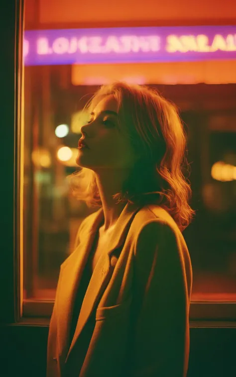 A portrait photography,neon night,a girl standing at a street-facing window looking out into the street,light dapper and trance,full of unrealistic feelings,psychedelic,elegant,sexy and a touch of nostalgia,soft light,soft tones,dreamlike quality,emotion,atmosphere,fashion magazines,celebrity photography,by Guy Aroch,shot on Lomography Redscale XR 50-200,