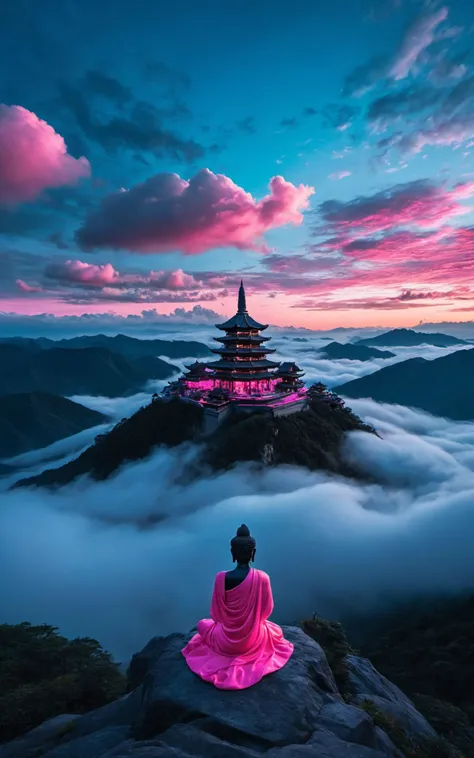 breathtaking (otherworldly),highly insanely detailed,masterpiece,top quality,best quality,highres,4k,8k,RAW photo,(beautiful and aesthetic),Fantasy style,oriental scenery,wonderland,vista,clouds,mountains,Buddha light,giant Buddha,Silhouettes of people,dazzling,rich colors,(mewkledreamy:1.1),. award-winning,professional,highly detailed,
golden hour,unconventional supreme masterpiece,masterful details,temperate atmosphere,(balanced center composition:0.5),
with a high-end texture,in the style of fashion photography,magazine cover,Dynamic Angle,Dynamic posture,Perspective,
clouds on the ground,dark grey sky with neon pink clouds,glowing neon light blue and pink color tone,low saturations,dim lighting,