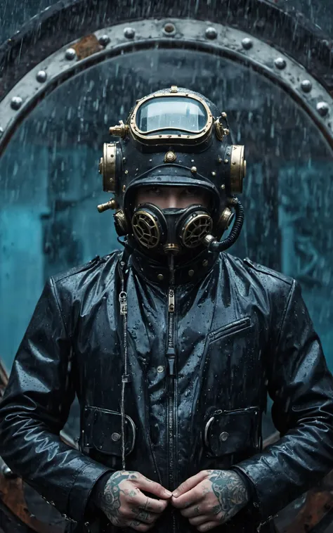 film aesthetic,Surreal portrait,man in vintage diver's helmet,glass portholes obscuring face,rain-soaked ambiance,urban backdrop,modern tattooed hand juxtaposed with retro gear,slick black jacket,metallic textures contrasting wet skin,moody blues and grays dominate color palette,evoking a somber,dystopian vibe,deeply atmospheric,cinematic quality,hints of steampunk influence,stylistic blend of historical and contemporary elements. ,Intimate boudoir photography,
A shot with tension,(Visual impact,giving the poster a dynamic and visually striking appearance:1.2),impactful picture,(full body:1.3),
(masterpiece, best quality:1.2),offcial art,colorful,splash of color, perspective,advertising style,magazine cover,