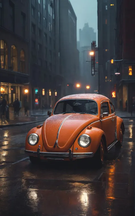 A stunning and realistic CGI rendering of a Volkswagen Beetle cruising along a bustling nighttime city street. The car's vibrant orange hue stands out against the dark surroundings,with its headlights illuminating the scene and casting a warm glow on the wet pavement. In the corner of the image,a traffic light changes colors,and a fire hydrant sits by the curb. The 16:9 aspect ratio captures the dynamic cityscape,with towering buildings and neon lights reflecting on the wet streets. The attention to detail and atmospheric elements create a sense of depth and dimension,immersing the viewer in the urban night scene.,