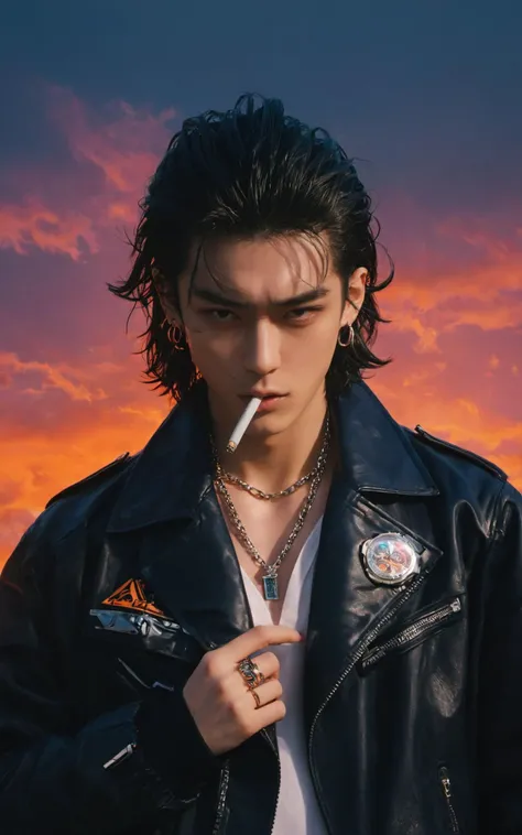 (8k, RAW photo, highly detailed,masterpiece, highest quality),rich colors,high contrast,full shot body photo of the most beautiful artwork in the world,cinematic light,fantasy,highres,
xuer film still,solo,looking at viewer,black hair,1boy,jewelry,jacket,male focus,earrings,necklace,bracelet,black jacket,mouth hold,ring,watch,cigarette,realistic,smoking,wristwatch,leather,undercut,leather jacket,multiple rings,
<lora:绪儿 剧照:0.8>,
unconventional supreme masterpiece,masterful details,temperate atmosphere. (balanced center composition:0.5),clouds on the ground,dark grey sky with neon orange clouds,glowing neon light orange and pink color tone,low saturations,dim lighting,highly detailed,ultra-high resolutions,32K UHD,best quality,masterpiece,