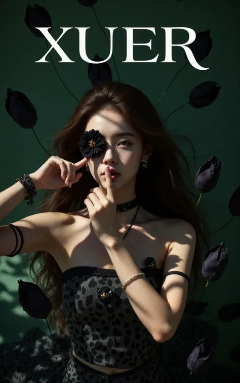 An Acrylic style painting that is expressive, gives it a dynamic and emotional quality. Anime art of a stylized portrait of a woman with a ethereal black and green mist surrounding her body. The mist creates a dramatic and surreal effect. A black flower, that is blooming, covering one eye, attached to the face. The woman has a cold aesthetic, complimented by her white hair. Anime art of woman draped in shadows with a lighting that enhances her unique features.
The background is dark green, filled with black rose petals.
Holding finger to lips, shush, shushing motion,
XUER INS style,1girl,solo,looking at viewer,extremely beautiful skin,natural skin texture,big breasts,earrings,
The woman has long, wavy, dark brown hair cascading down her back. Her skin tone is light, and she appears to be of Caucasian ethnicity.
She accessorizes with a black choker necklace and multiple bracelets on her wrists. with a focus on fashion and style.
highly detailed,ultra-high resolution,32K UHD,sharp focus,best-quality,masterpiece,unconventional supreme masterpiece,masterful details,depth of field,blurry background,blurry foreground,motion blur,going really fast masterpiece,deep focus,
color graded cinematic,atmospheric lighting,award film grain,A shot with tension,(Visual impact,giving the poster a dynamic and visually striking appearance:1.2),impactful picture,
ultra-realistic,high dynamic range,photoreal,epic realistic,dark shot,shadows,(This is a real high-definition photo:1.1),with professional photography and high resolution,
contrast,layered colors,vivid colors,contrast,offcial art, perspective,very aesthetic,disheveled hair,perfect composition,intricate details,moody,epic,photorealistic,
intricate details,soothing tones,high contrast,natural skin texture,soft light,sharp,masterpiece,best quality,(ray tracing),sunlight,insanely interplay between lights and shadows,
cinematic photo This is a poster about the One cyan ten color,It has a realistic picture effect,The picture is messy and extremely rich in details,(The theme text of the poster is: "XUER":1.2),One line apart,(the subtitle below reads: "One cyan ten color":1.2),