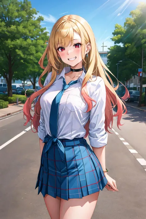 masterpiece, best quality, highres, kitagawa marin, 1girl, blonde hair, long hair, multicolored hair, red eyes, jewelry, earrings, piercing, school uniform, white shirt, tied shirt, black choker, blue necktie, plaid skirt, <lora:kitagawa_marin_v1-1:0.7>, grin, smile, standing, cowboy shot, outdoors,  <lora:Oohira-Style-v1-000060:1>