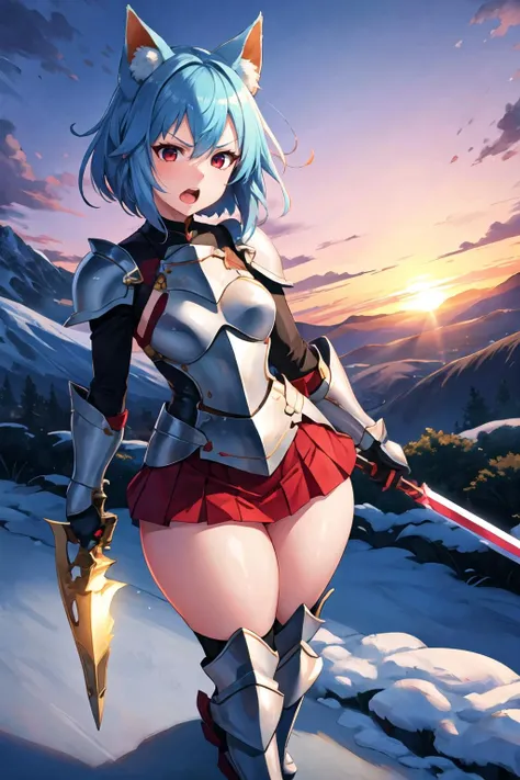 masterpiece, best quality, 1girl, solo, standing, (blue hair), red eyes, angry, disgust, glowing eyes, open mouth, long hair. side braid, bob cut, (small breasts), fox ears, fox tail, fox girl, (wide hips), (thick thighs),
BREAK
knight armor, knightess, knight, armor pants, knight chesplate, amored skirt,  shining sword, armored boots, plate armor, , fully clothed
BREAK
outdoors, (sunset:1.2), beautiful light, mountains,  snowy mountains
 <lora:Oohira-Style-v1-000060:1>