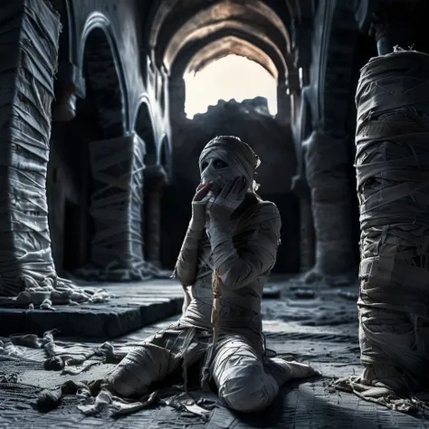 mummy cathedral, bandages, professional photo, very detailed and dramatic, cinematic, darkness<lora:mummy:1>