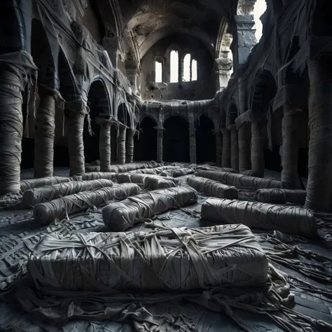 mummy cathedral, bandages, professional photo, very detailed and dramatic, cinematic, darkness<lora:mummy:1>