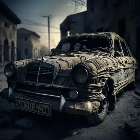 old mummy car, professional photo, very detailed and dramatic, expressive cinematic, darkness, bokeh f1.2<lora:mummy:1>