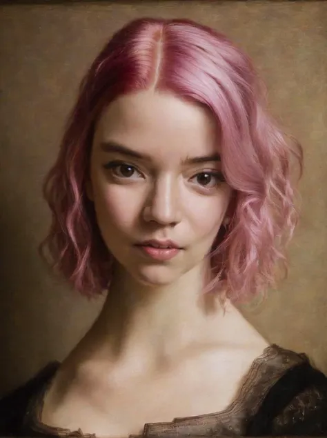 4ny4T4yl0rJoy, portrait <lora:anya_taylor_joy_xl:1.5> , 4ny4T4yl0rJoy, outdoors, painting by rembrandt, BREAK pink hair