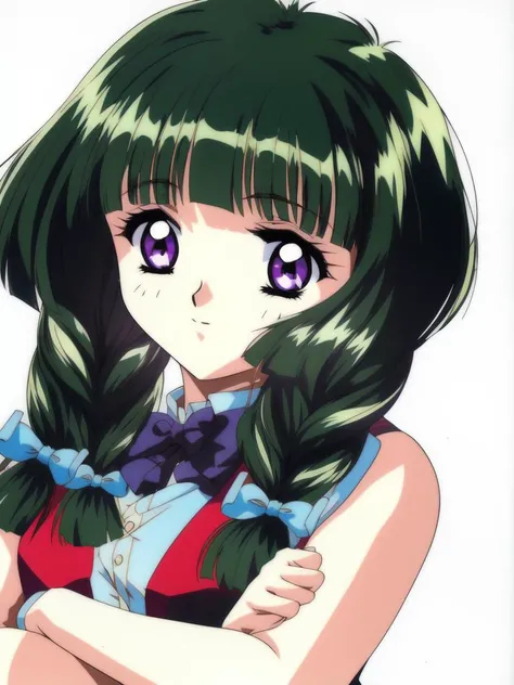 <lora:Kamiyama_Miko:1>,KamiyamaMiko, 1girl, solo, green hair, bangs, retro artstyle, purple eyes, braid, 1990s (style), white background, hair over shoulder, crossed arms, hair bow, blunt bangs, long hair, simple background, bow, looking at viewer, portrait
masterpiece, high quality, very_high_resolution, large_filesize, full color,