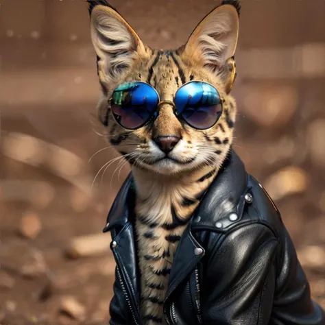 <lora:serval:0.7>, anthropomorphic servalcat wearing leather jacket and sunglasses || masterpiece, perfect quality, sharp focus, shallow depth of field, 8k