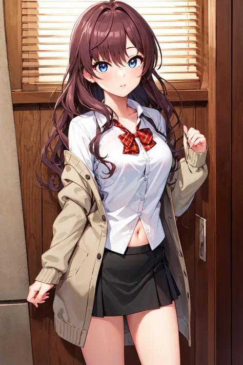 ((Tabletop, highest quality, High resolution, , Perfect Pixel,  4K,))), 1 high school girl, single, alone, Beauty、The whole body is visible、 ((Mid-wave hair, bangs, Brown Hair)), ((Brown eyes, Beautiful eyelashes, Realistic eyes)), ((Detailed face, Blushing:1.2)), ((Smooth texture:0.75, Realistic texture:0.65, Realistic:1.1, Anime CG Style)), Medium chest, Dynamic Angle, Perfect body,  ((Red bow tie, , Black jacket, Open jacket, Brown cardigan, White shirt, Black Skirt, Checked skirt)), 、、Very embarrassing panic smile, looked back、Leaning forward、The wind makes all of my panties visible、Touch your buttocks with both hands、Light pink and white floral lace panties、Angle from below)、
