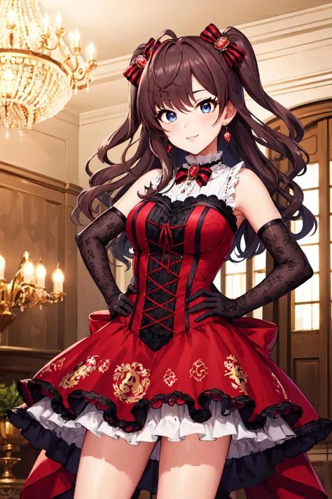(torino aqua, 1girl), brown hair, yellow eyes, idol, smiling, (8k wallpaper, official art, masterpiece), red dress, {frills dress, detailed eyes}