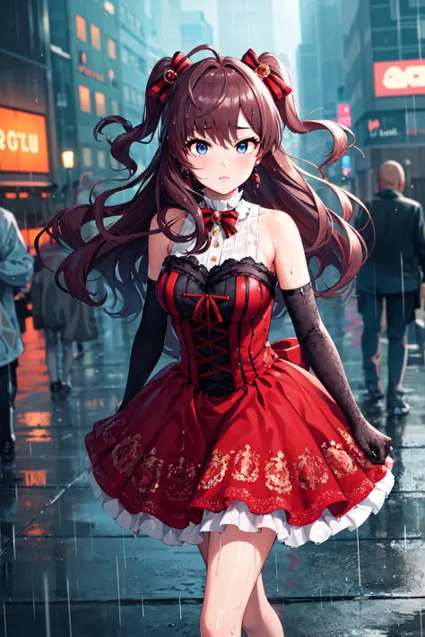 masterpiece, best quality, highres, ichinose shiki, idolmaster, long hair, two side up, hair bow, ahoge, medium breasts, earrings, bare shoulders, frills, red dress, elbow gloves, black gloves, <lora:ichinose_shiki_v1:0.7>, rain, city, sad, walking, cyberpunk, (wet:1.2)
