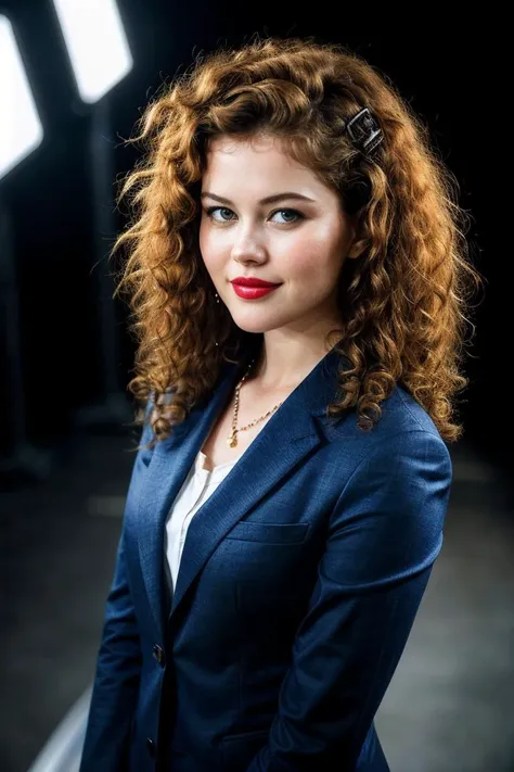 photo of beautiful (H3id1R0m4n0v4-130:0.99), redhair, curly hair, a woman, perfect hair, laughing, (modern photo), wearing a (business suit:1.2) and jeans with jewelry, portrait, 85mm, (analog, cinematic, film grain:1.3), (VR Battle Arena, Immersive arena with hyper-realistic simulations, futuristic weapons, and intense action.), detailed eyes, professional pose, painted lips, (epiCPhoto), (looking at viewer:1.1), (cinematic shot:1.3), (natural lighting, lit from above), <lora:add_detail:0.5>
