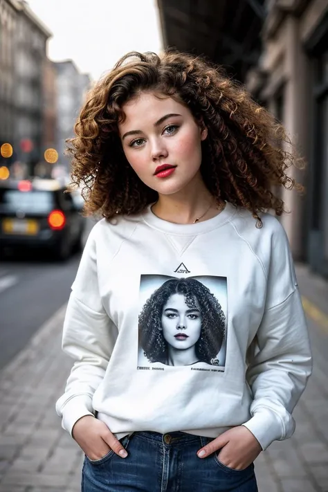 photo of beautiful (H3id1R0m4n0v4-130:0.99), redhair, curly hair, a woman, perfect hair, surprised, (modern photo), wearing a (crew neck sweatshirt:1.2) and jeans with jewelry, portrait, 85mm, (analog, cinematic, film grain:1.3), (Mars Communication Center, Hub for interplanetary communication with advanced satellite arrays and antennas.), detailed eyes, professional pose, painted lips, (epiCPhoto), (looking at viewer:1.1), (cinematic shot:1.3), (natural lighting, lit from above), <lora:add_detail:0.5>