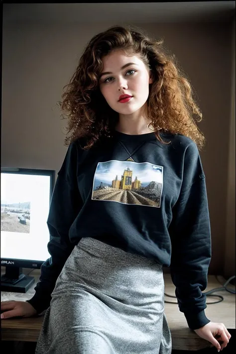 photo of beautiful (H3id1R0m4n0v4-130:0.99), redhair, curly hair, a woman, perfect hair, serious look, (modern photo), wearing a (crew neck sweatshirt:1.2) and long skirt with jewelry, portrait, 85mm, (analog, cinematic, film grain:1.3), (Martian Mining Outpost, Remote outpost with drilling rigs, robotic mining, and resource transport.), detailed eyes, professional pose, painted lips, (epiCPhoto), (looking at viewer:1.1), (cinematic shot:1.3), (natural lighting, lit from above), <lora:add_detail:0.5>