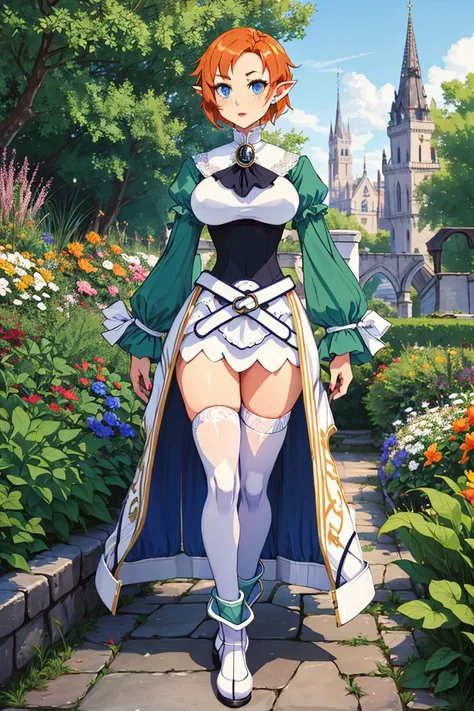 1girl, solo, absurdres,<lora:Char_disgaea-MagicKnight:0.75> blue eyes, medium breasts, short orange hair, pointy ears,thighhighs,white footwear,pelvic curtain ,belt ,ascot,brooch, green and white shirt, long sleeves, impossible clothes, leotard, outdoors, garden, castle, <lora:Tweak_Detail25:0.7>, (((Norfolk Jacket Fashion)))