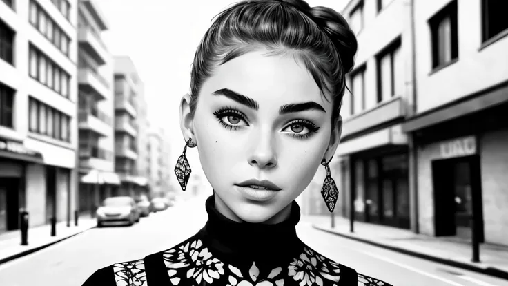 (street art style, urban, vibrant, stencil art, highly detailed:1.15), <lora:sd15_ElizabethTurner_mini_v1:.9> ElizabethTurner, focus on eyes, close up on face, wearing jewelry, hair styled top knot ponytail, black and white