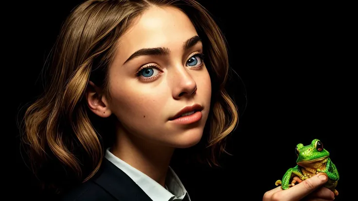 (renaissance style, historical, humanistic, detailed, chiaroscuro:1.15), (eye level, closeup on face:1.2) <lora:sd15_ElizabethTurner_mini_v1:.9> ElizabethTurner, smiling, side view, she is wearing business suit , her hair is styled as Curly Middle Part, BREAK she is (catching a frog:1.1), creative shadow play, shot on Bolex H16 ,8mm fisheye lens ,solarized, in the style of Brandon Woelfel