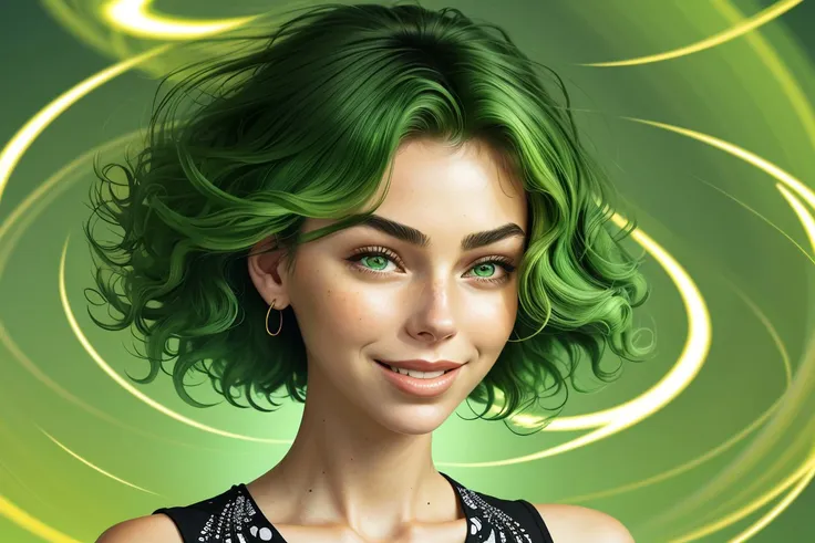 (generative art style, algorithmic, complex, patterned, detailed:1.15), <lora:sd15_ElizabethTurner_mini_v1:.9> ElizabethTurner, focus on eyes, close up on face, laughing, wearing jewelry, pea soup green color hair styled big curls hair, lens flare